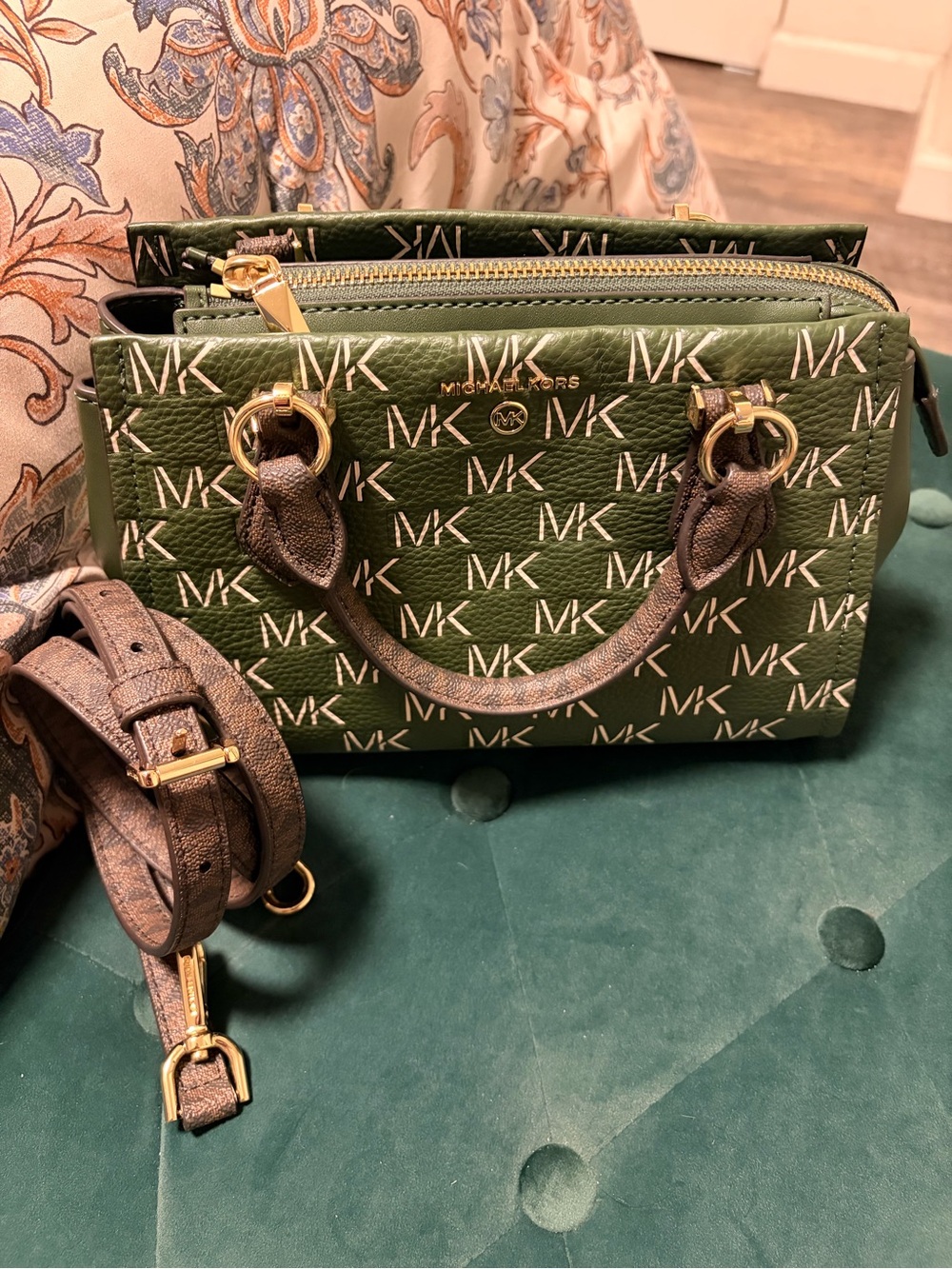 Michael Kors Green MK Logo Zip Satchel with Brown Accents